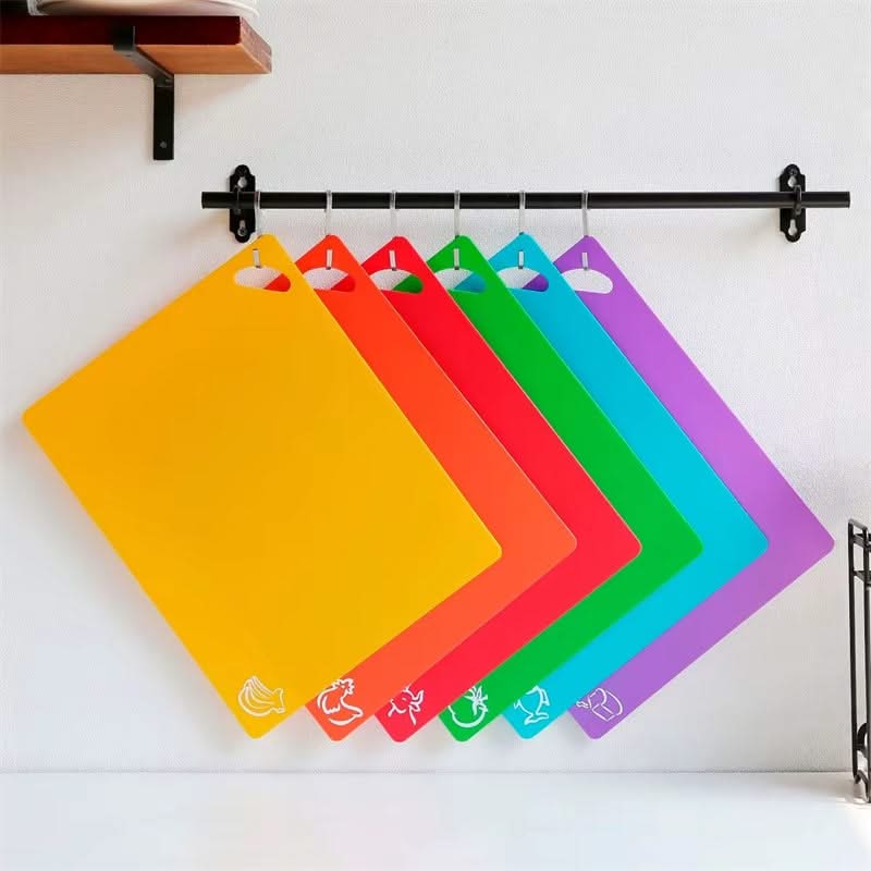6-Piece Colorful Flexible Plastic Cutting Mats – Non-Slip Chopping Boards with Food Iconsfor Organized and Hygienic Kitchen Use 
