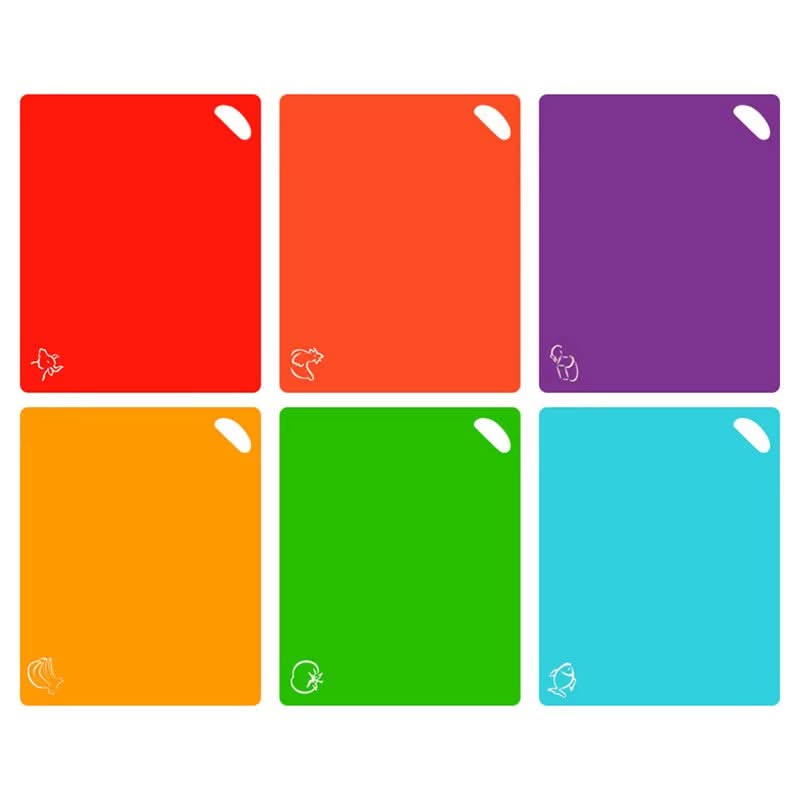 6-Piece Colorful Flexible Plastic Cutting Mats – Non-Slip Chopping Boards with Food Iconsfor Organized and Hygienic Kitchen Use 