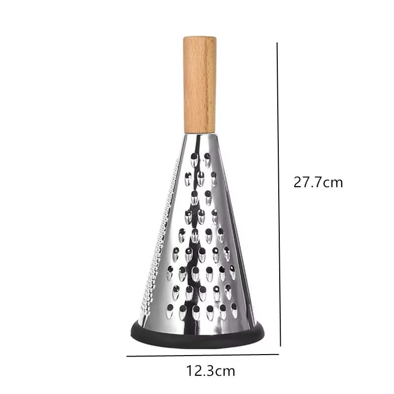 Modern Cone-Shaped Stainless Steel Grater and Zester – Versatile Kitchen Tool for Vegetables, Fruits, and Cheeses, Available in Small, Medium, and Large Sizes (Wooden or Plastic Handle)
