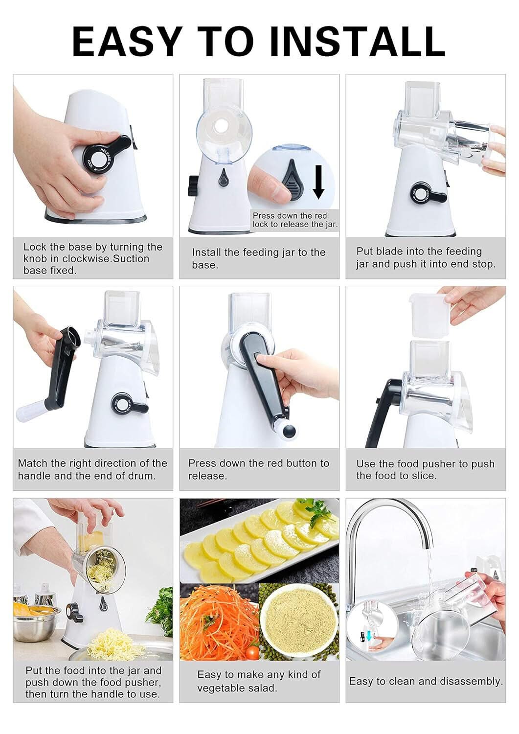 3 in 1 Rotary Cheese Grater – Multifunctional Slicer and Shredder with Easy-to-Swap Stainless Steel Interchangeable Rotating Drum Blades for Effortless Kitchen Prep Tool