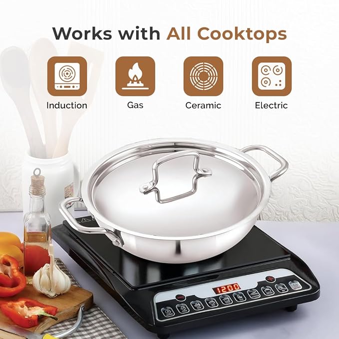 Tri-Ply Stainless Steel Cookware Set, Kadai + Frypan + Tea/Milk/Sauce pan with Lid, Premium Quality