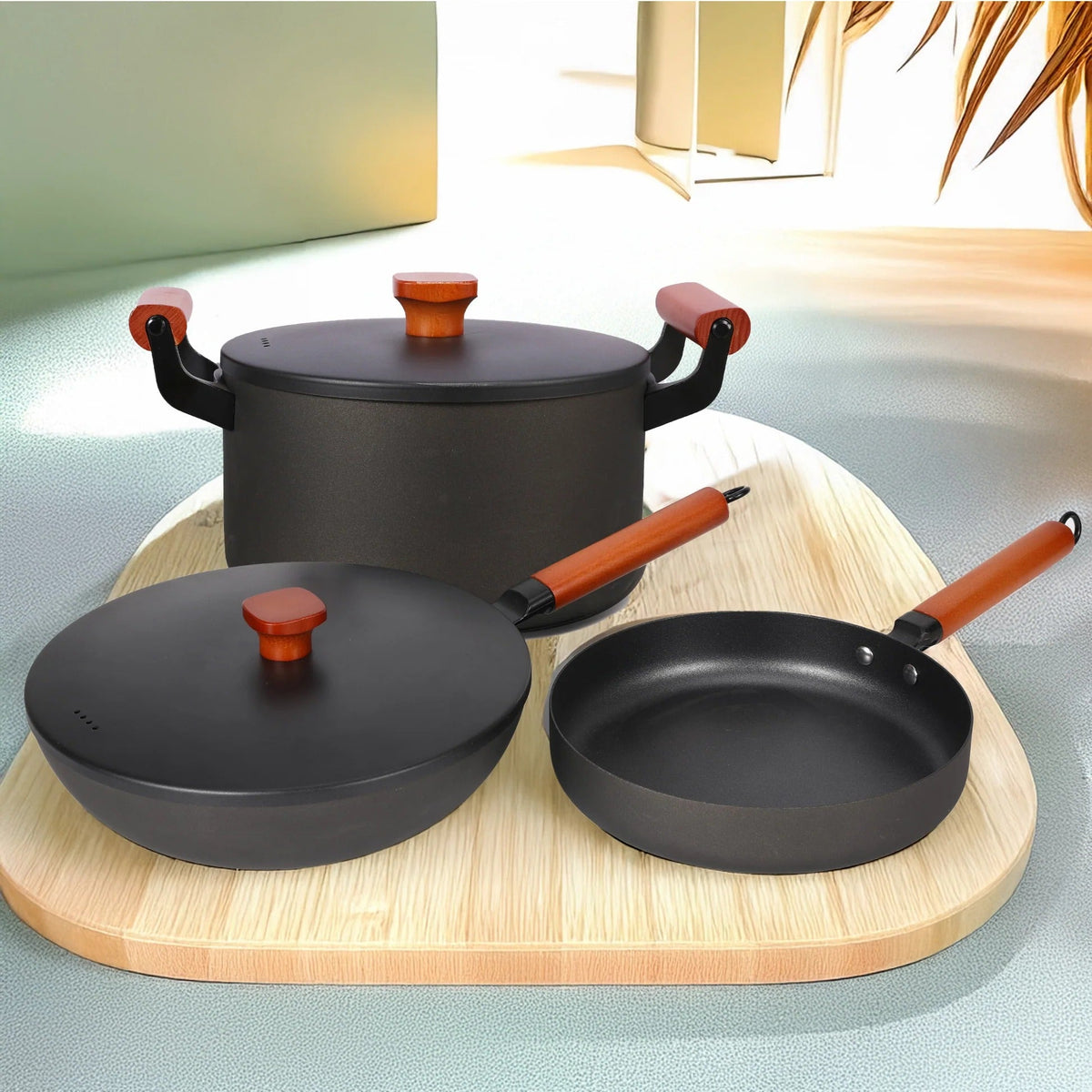 Cast Iron Cookware Set Wooden Handle Fry Pan 26 cm + Wok + Handi 4.4L Each with Lid Gas Induction