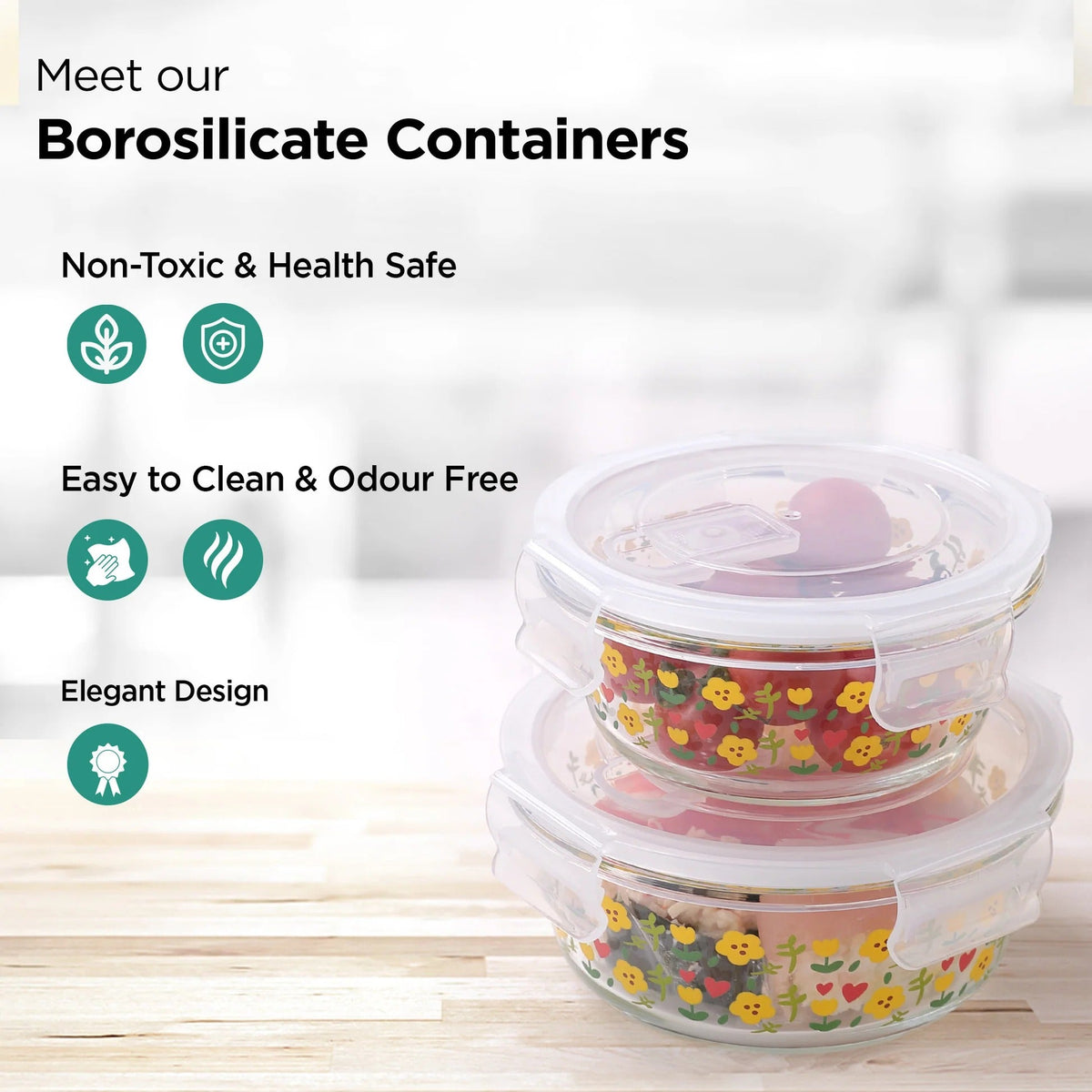 Pack of 2 Borosilicate Kitchen Containers, 370 ml & 635 ml, Airvent PP Lid, Airtight