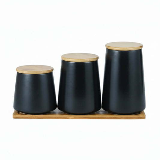 3pcs Ceramic Jar Set, 500 ml 700 ml 850 ml, Bamboo Lid & Tray, Black