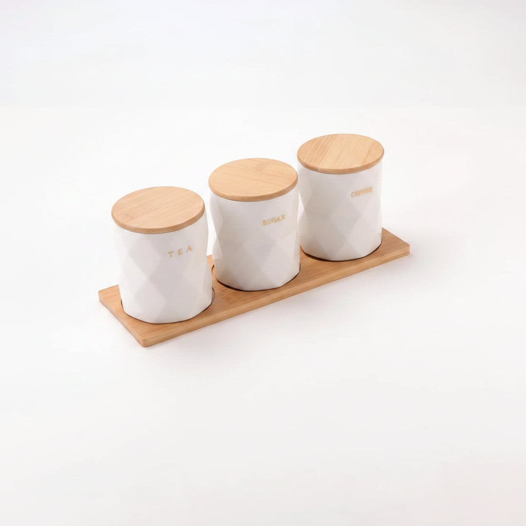 Ceramic Jars Set with Bamboo Lid and Tray, 3pcs 750 ml Each, White, Kitchen Storage