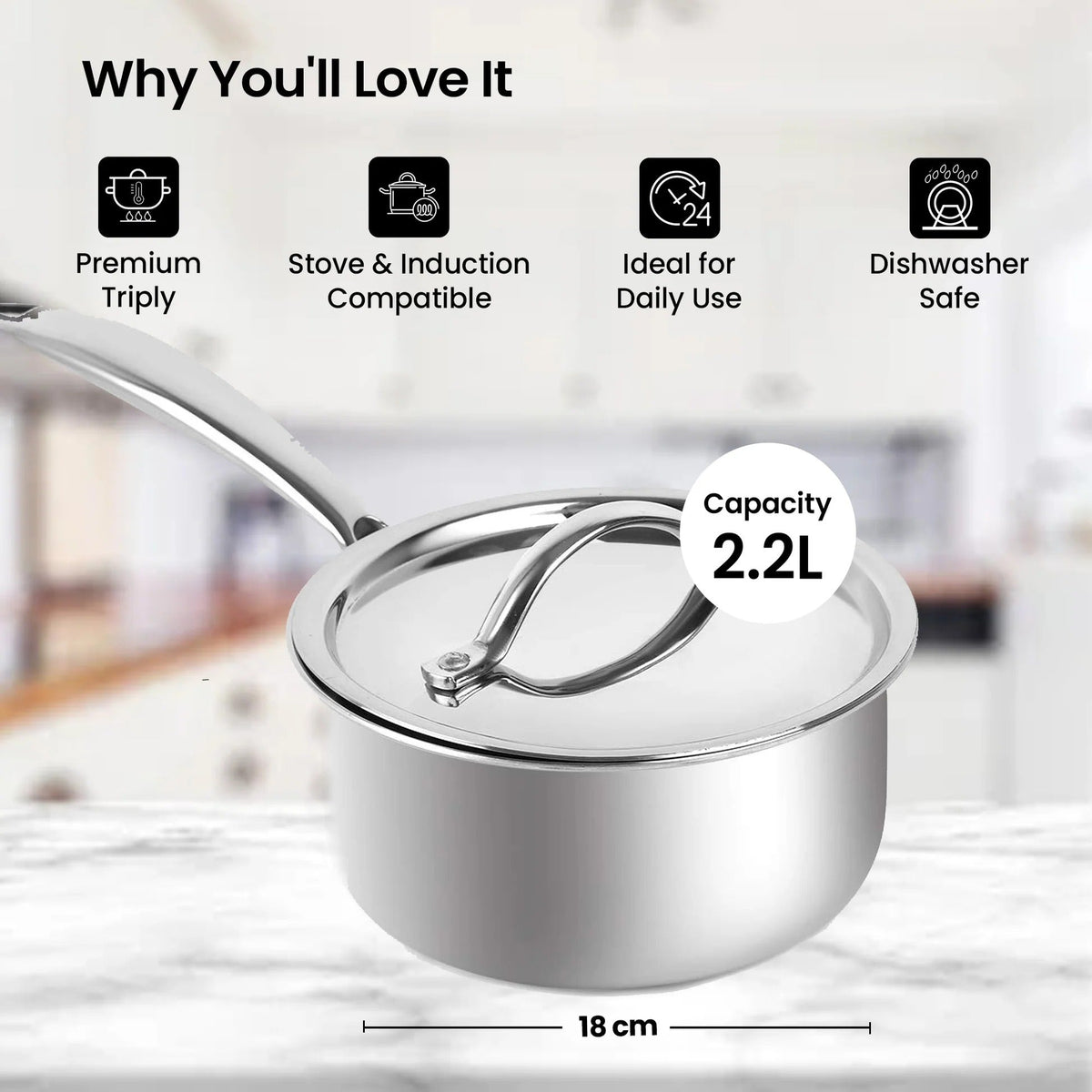 Triply Stainless Steel Sauce Pan with Lid 18 cm 2.2L Induction Easy Grip Handles