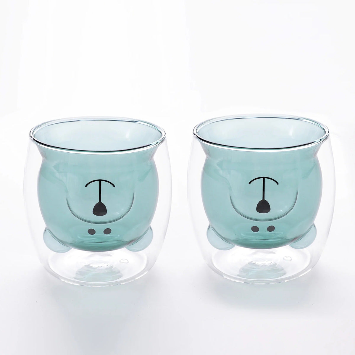 Pack of 2: Blue Teddy Bear Double Walled Borosilicate Glass Mugs, 250 ml, Blue