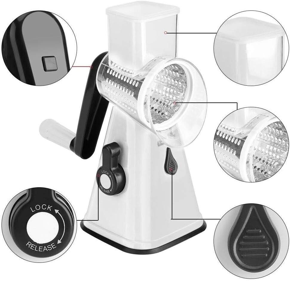 3 in 1 Rotary Cheese Grater – Multifunctional Slicer and Shredder with Easy-to-Swap Stainless Steel Interchangeable Rotating Drum Blades for Effortless Kitchen Prep Tool