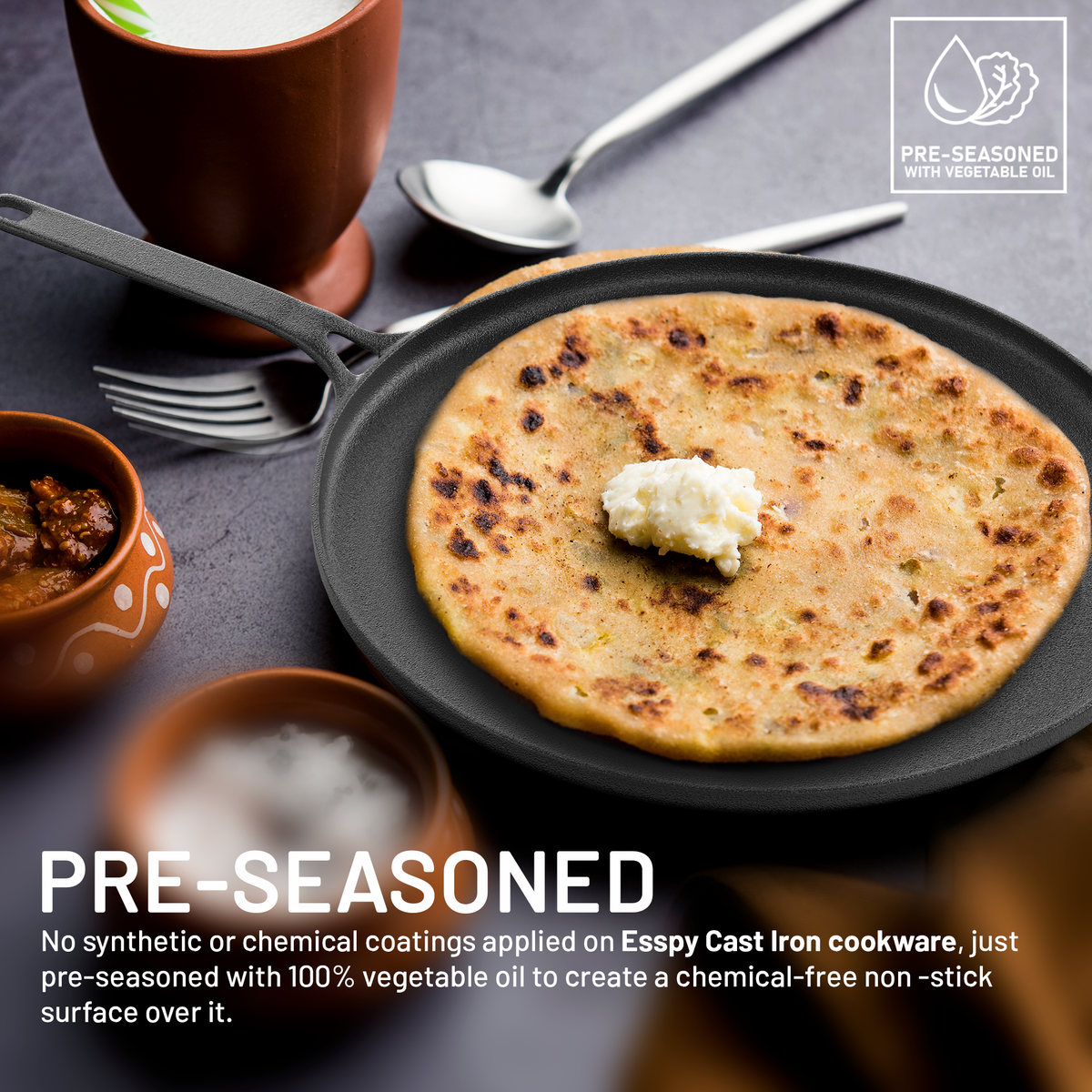 28 cm/11 inch Pre-Seasoned Cast Iron Dosa Tawa, Roti/Chapati Tawa with Long Handle, Iron Tawa Big Size
