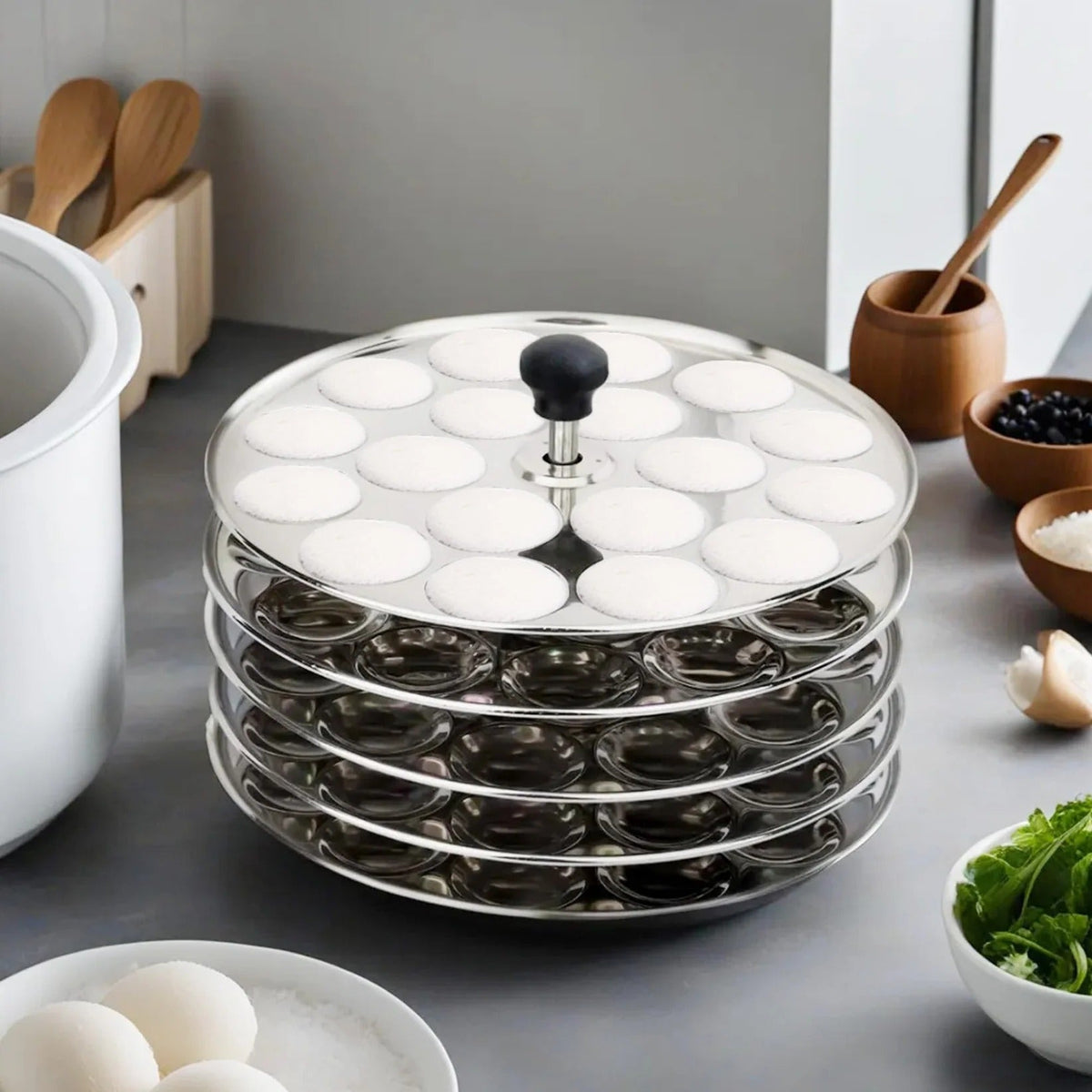 Stainless Steel Idli Maker 5 Round Plates Removable Bakelite Handle