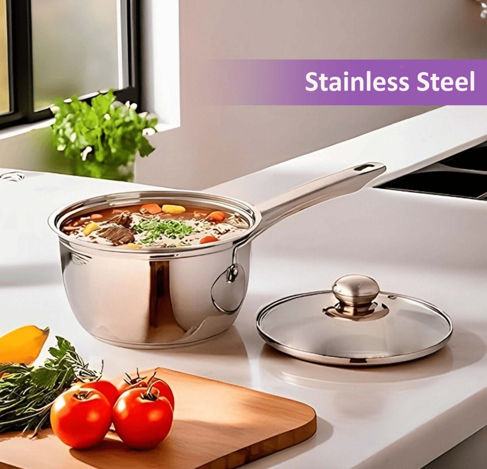 3-Piece Stainless Steel Saucepan Set – Durable Saucepans with Glass Lids (16cm, 18cm, 20cm), Perfect for Cooking and Kitchen Tasks