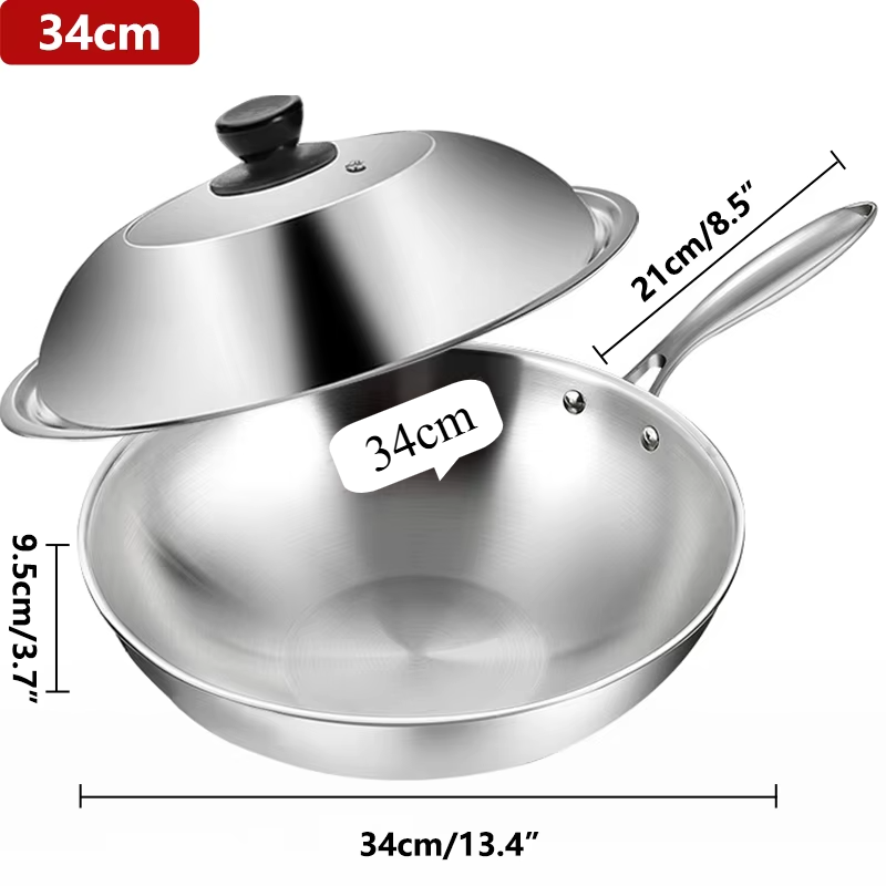 Stainless Steel Wok with Lid – Tri-Ply Durable Multi-Layer Construction for Even Heat Distribution – Ideal for Stir-Frying, Deep-Frying, Poaching, Searing, Sautéing, Tossing Noodles, Soups, Frying Eggs, Omelettes & One-Pan Dishes