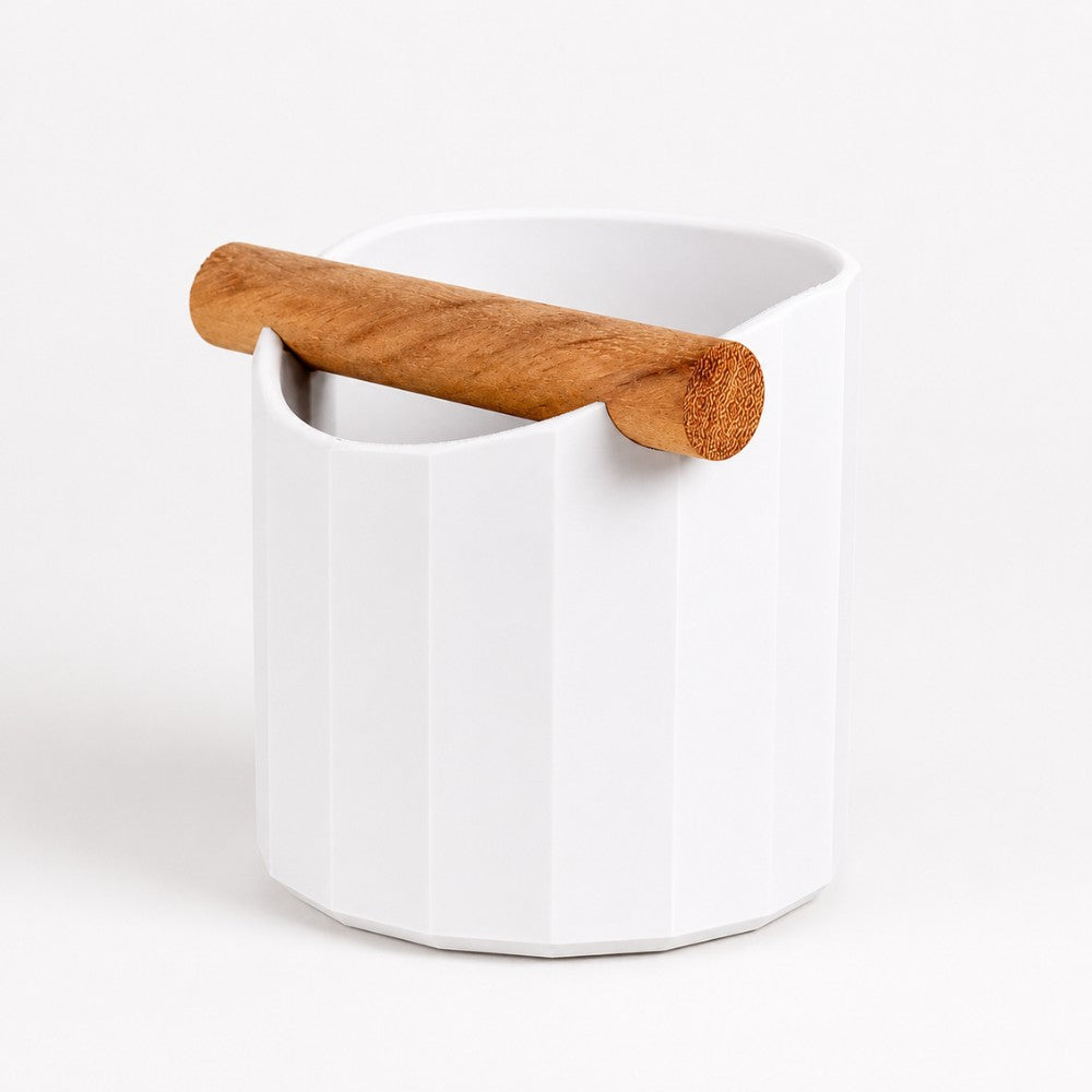 Geometric Espresso Knock Box with Oak Knock Bar Matte Ivory White