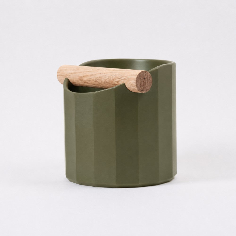 Geometric Espresso Knock Box with Oak Knock Bar Matte Olive Green