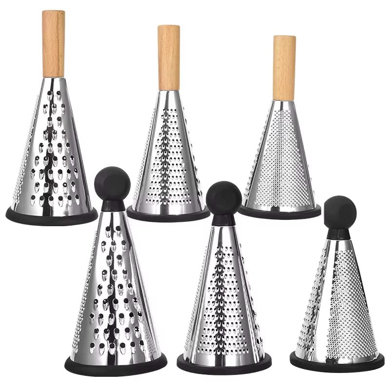 Modern Cone-Shaped Stainless Steel Grater and Zester – Versatile Kitchen Tool for Vegetables, Fruits, and Cheeses, Available in Small, Medium, and Large Sizes (Wooden or Plastic Handle)