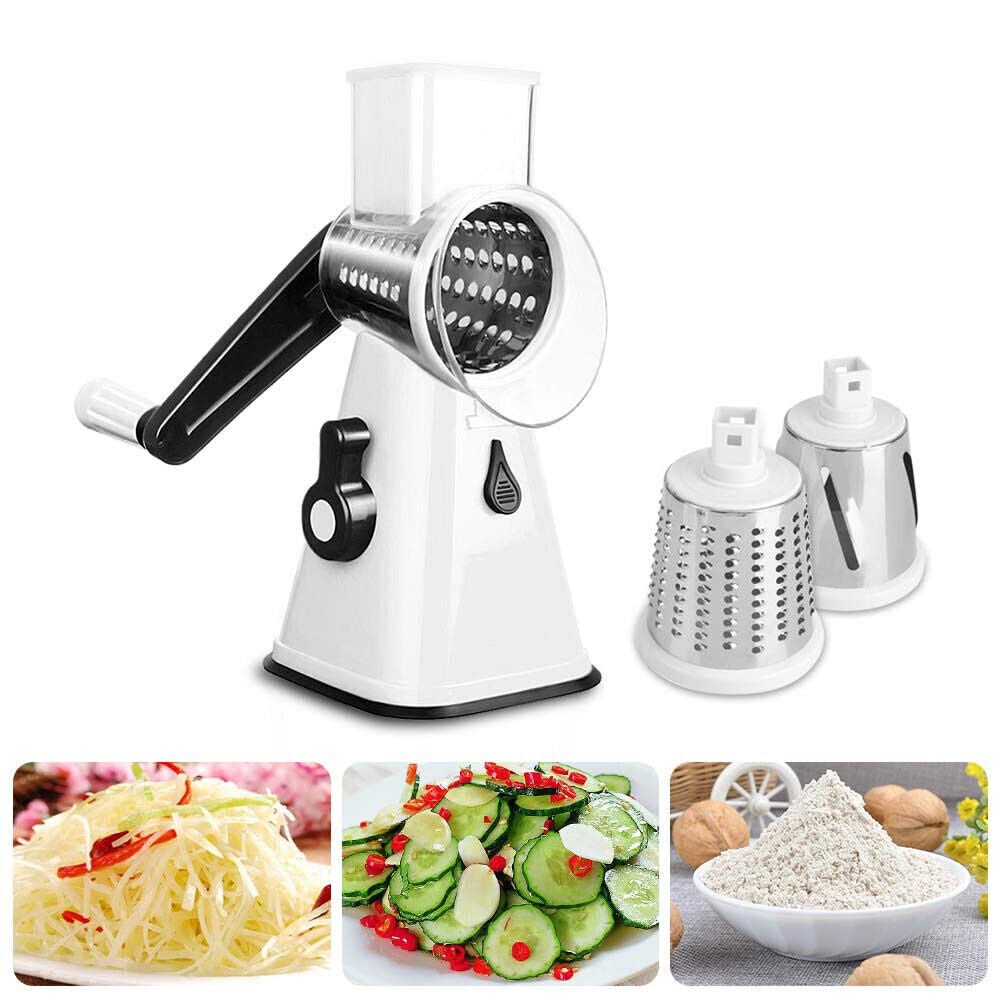 3 in 1 Rotary Cheese Grater – Multifunctional Slicer and Shredder with Easy-to-Swap Stainless Steel Interchangeable Rotating Drum Blades for Effortless Kitchen Prep Tool
