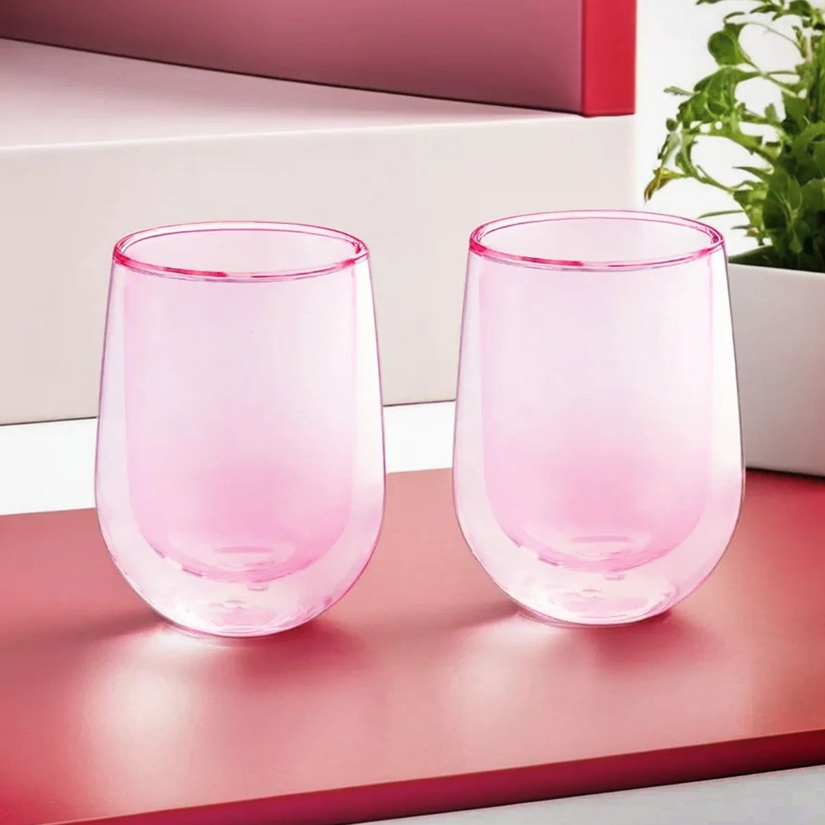 Pack of 2: Double Wall Borosilicate Glass Coffee Mugs, 190 ml, Pink