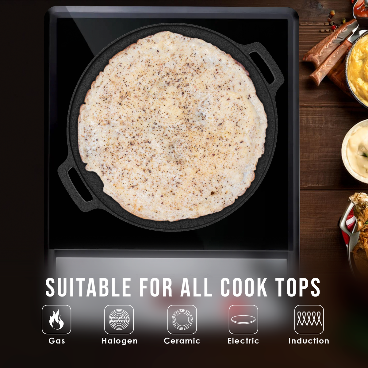 Esspy 12 inch/30 cm Cast Iron Tawa for Dosa, Tawa for Dosa, Uthappam, Roti, Chapati, Naan, Gas-Induction Friendly, Dosa