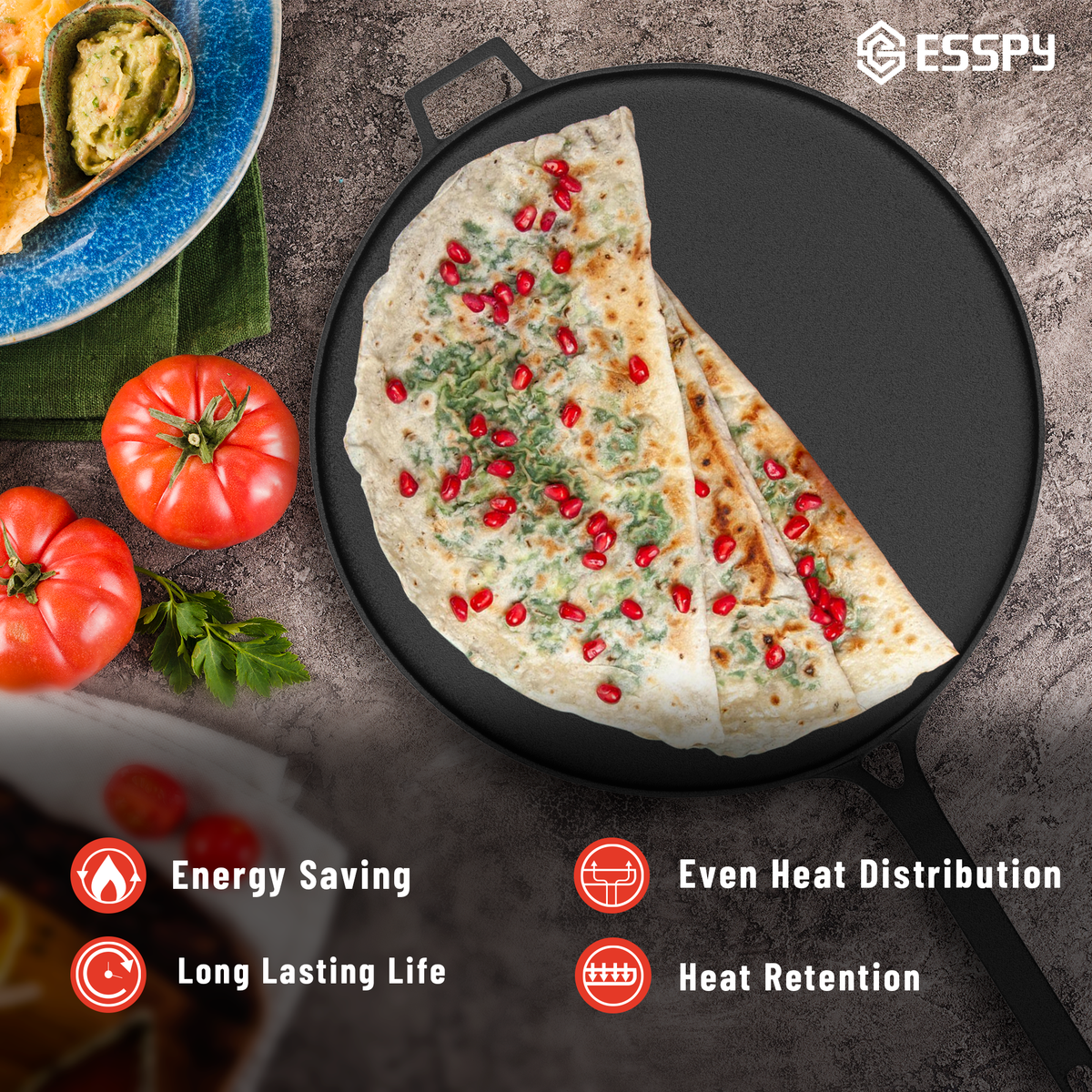 28 cm/11 inch Pre-Seasoned Cast Iron Dosa Tawa, Roti/Chapati Tawa with Long Handle, Iron Tawa Big Size