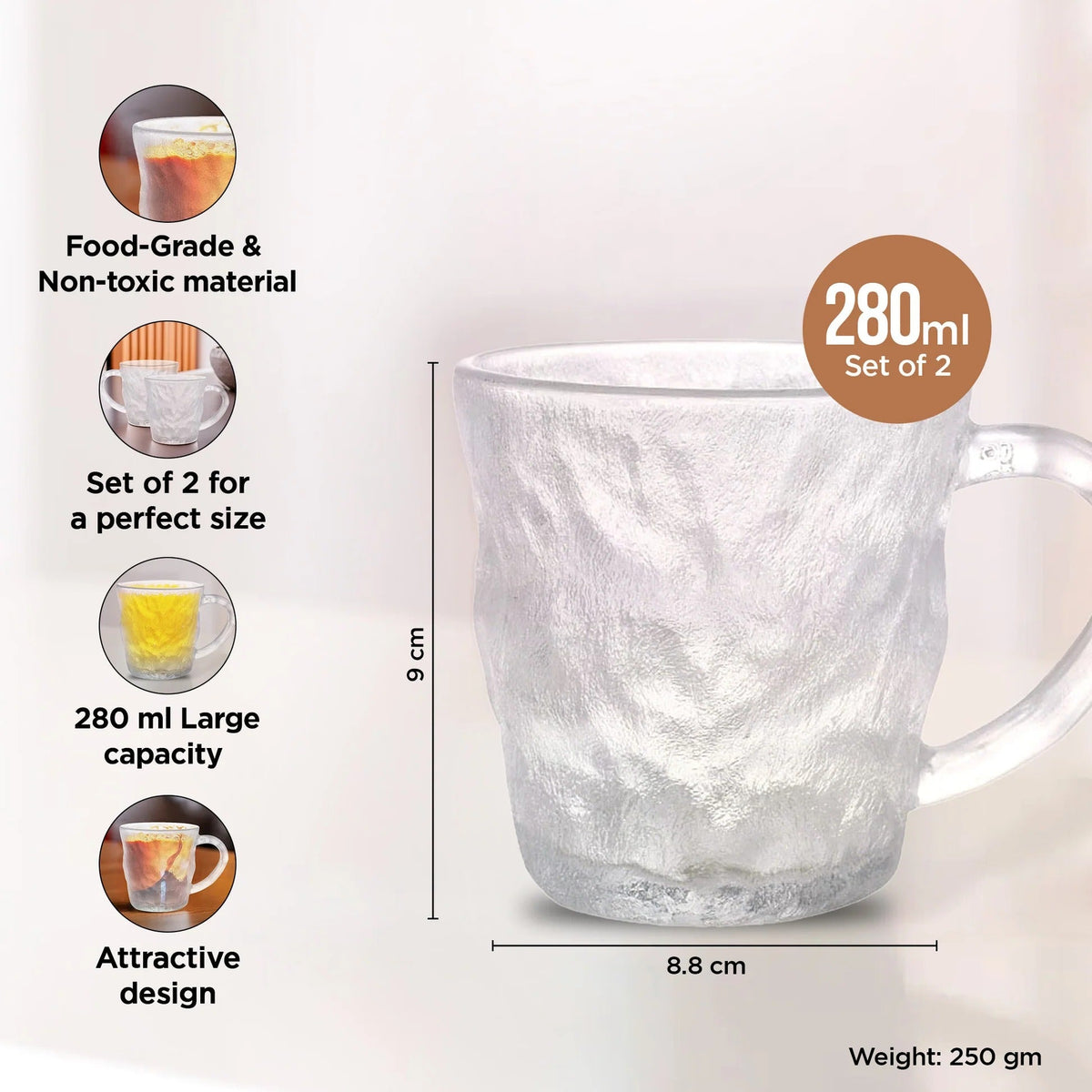 Set of 2: Glass Tea Cups - Lead-Free Elegant Design, 280 ml, Transparent