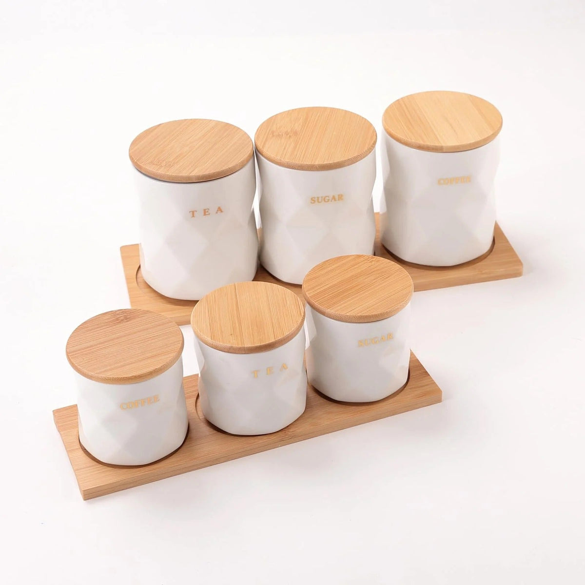 Ceramic Jars Set with Bamboo Lid and Tray, 3pcs 750 ml Each, White, Kitchen Storage