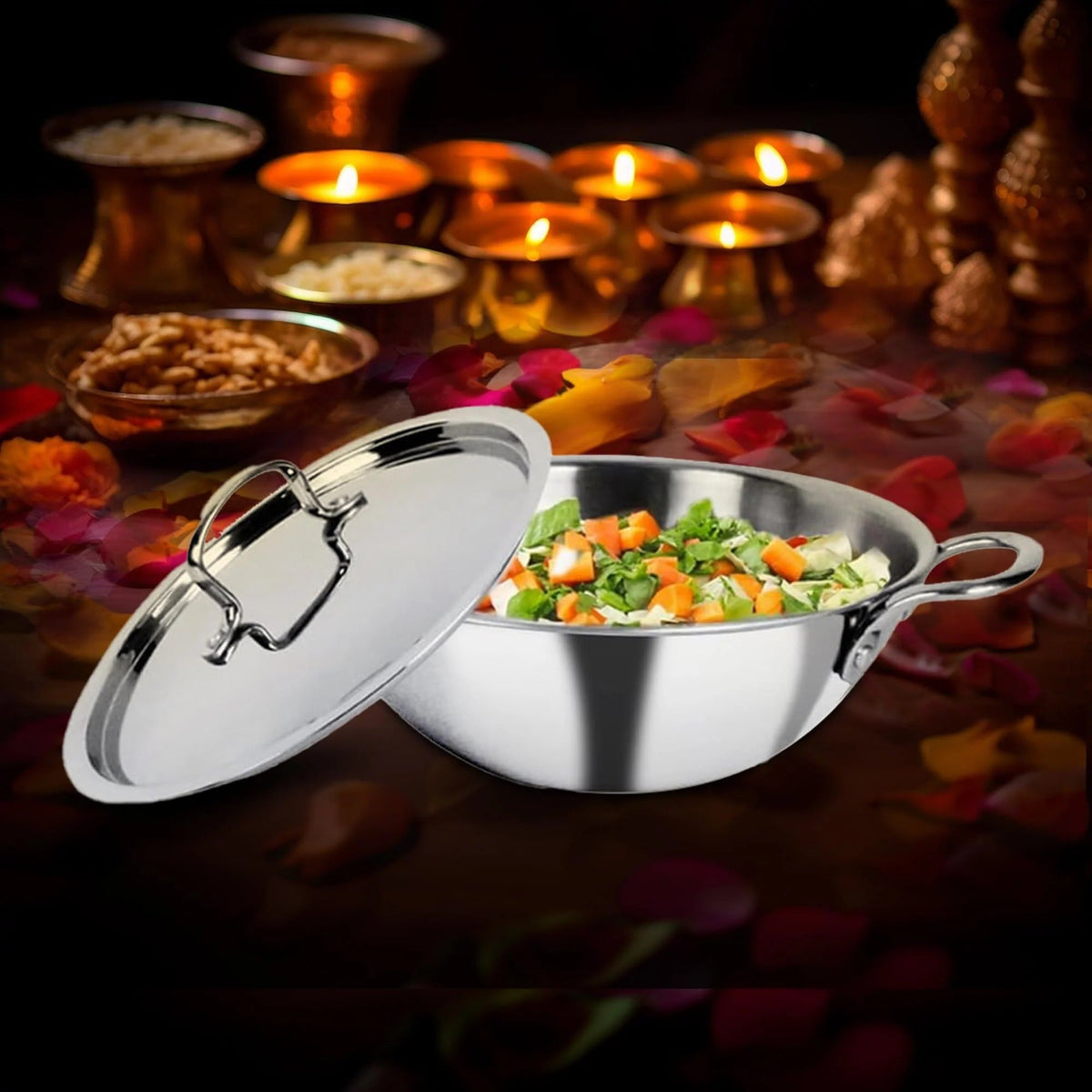 Triply Stainless Steel Kadai with Lid 22 cm 2.2L Stove Induction Heat Surround