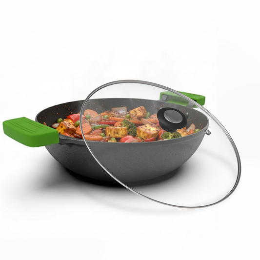Pre Seasoned Cast Iron Kadhai With Silicon Handle Cover & Glass Lid 30 CM
