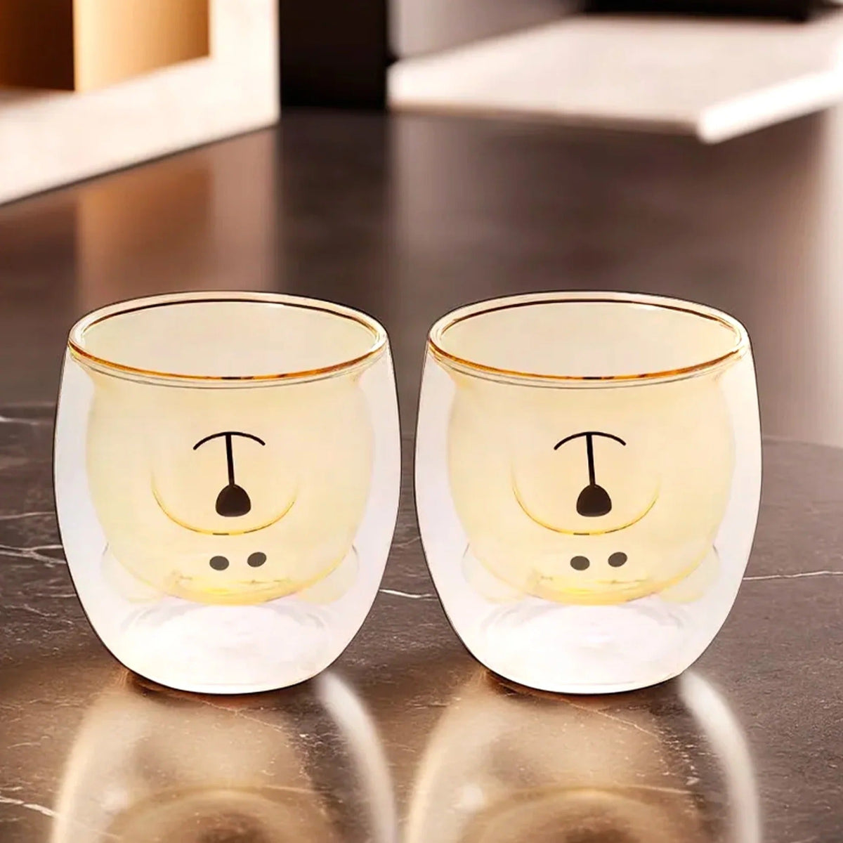 Cute Teddy Bear Double Walled Borosilicate Glass Mug Set of 2 (250 ml), Yellow