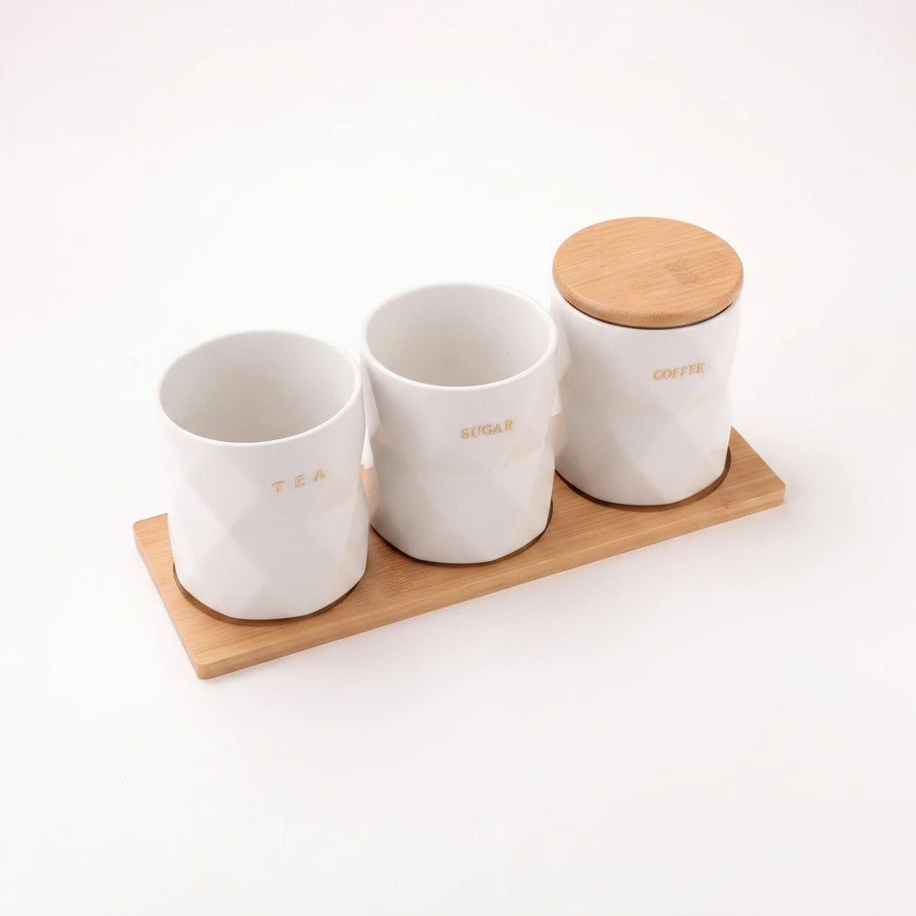 Ceramic Jars Set with Bamboo Lid and Tray, 3pcs 750 ml Each, White, Kitchen Storage