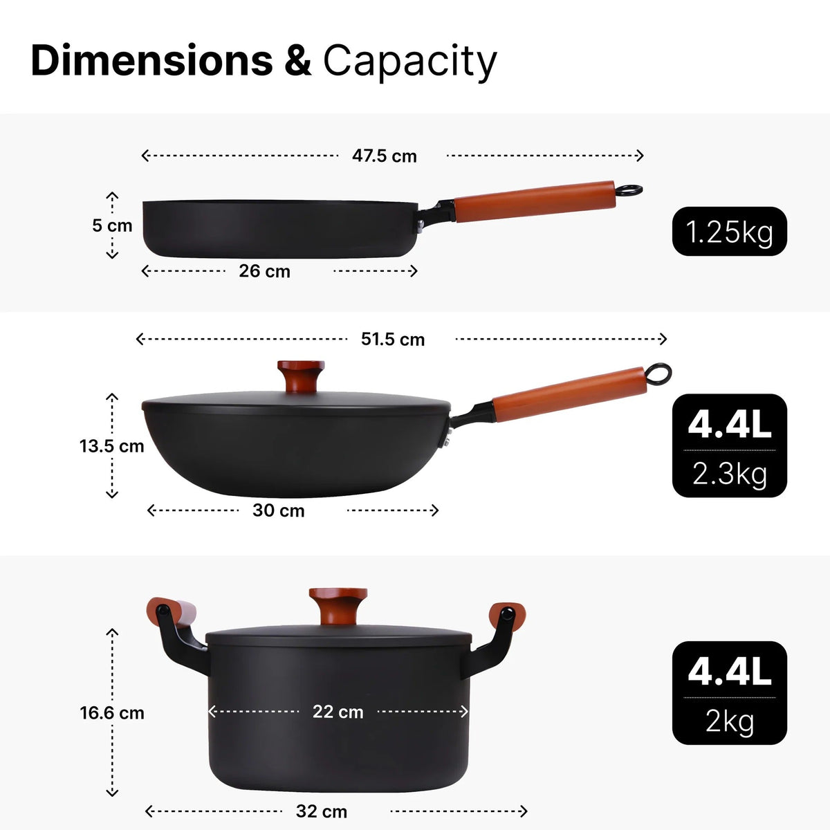 Cast Iron Cookware Set Wooden Handle Fry Pan 26 cm + Wok + Handi 4.4L Each with Lid Gas Induction