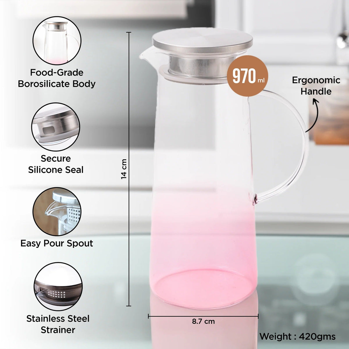 Premium Borosilicate Glass Jug 970 ml Pink SS Lid