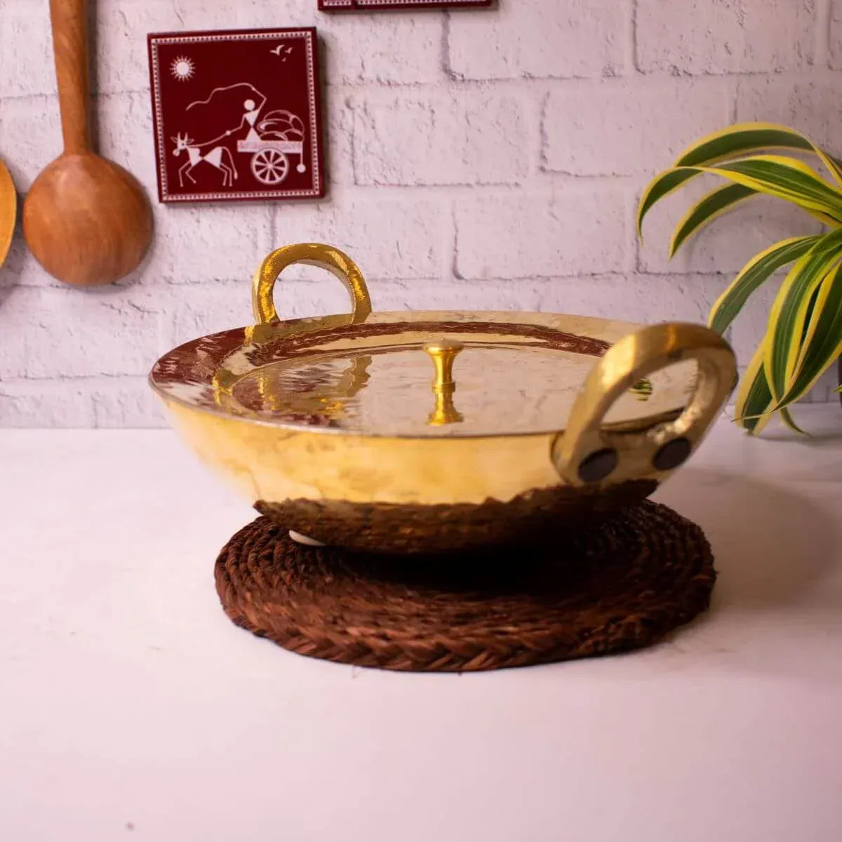 Brass Kadai with Lid Handcrafted Traditional Cookware Tin Coated Extra Large