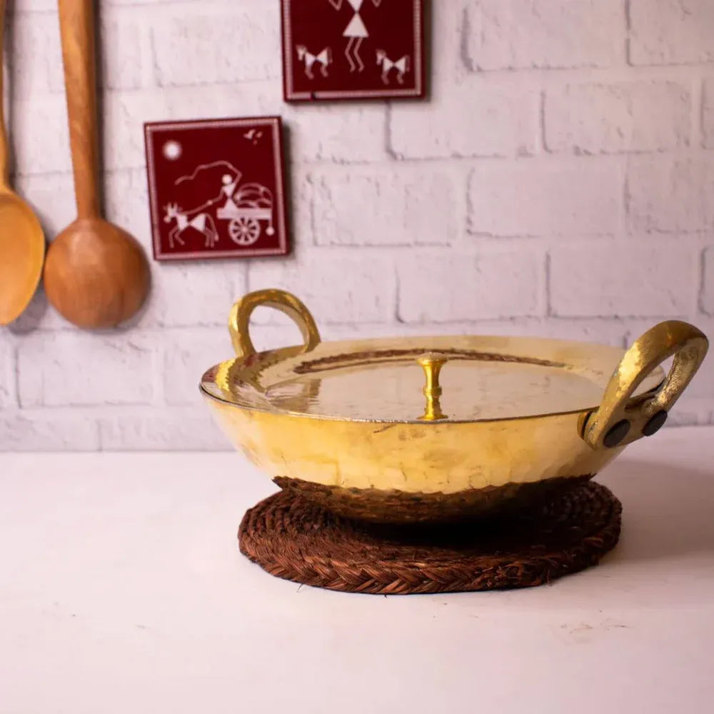 Brass Kadai with Lid Handcrafted Traditional Cookware Tin Coated