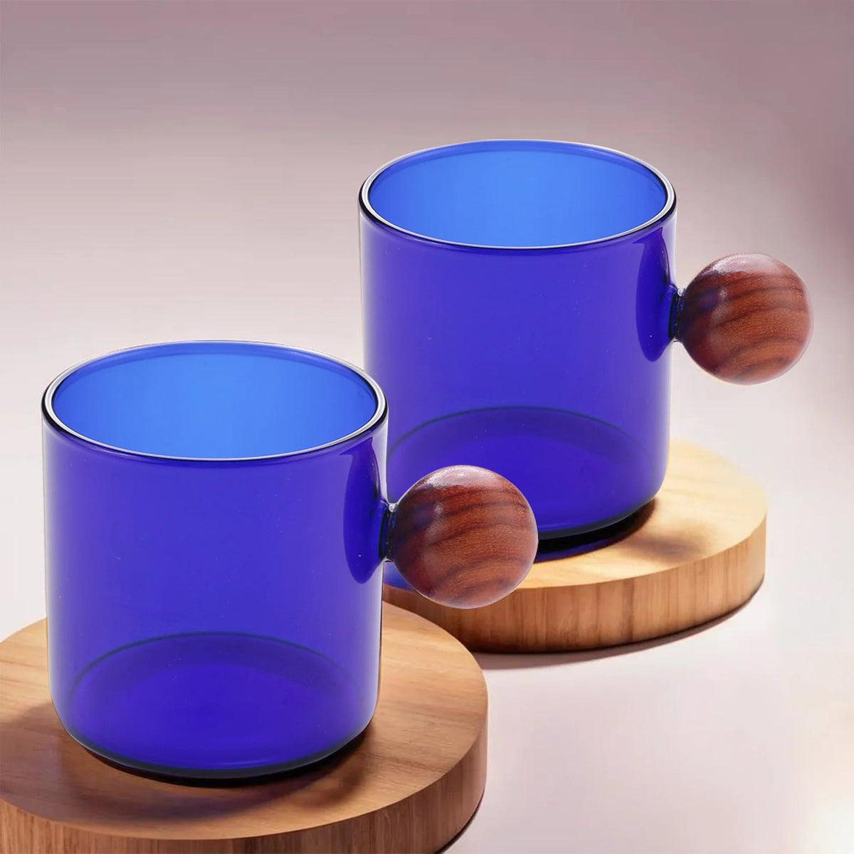 Pack of 2: Borosilicate Glass Coffee Mugs with Wooden Handle, 120 ml, Blue