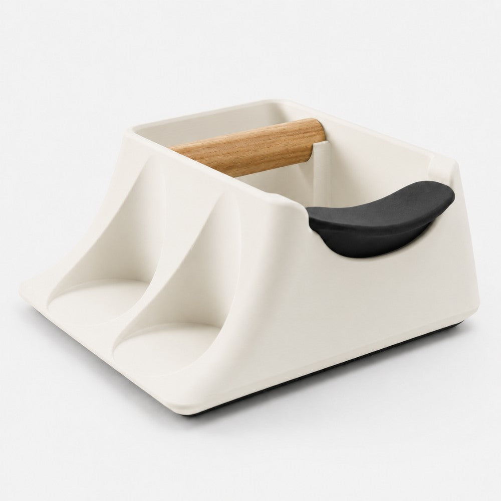 3-in-1 Espresso Knock Box, Tamping Station & Tamper Holder Matte Ivory White