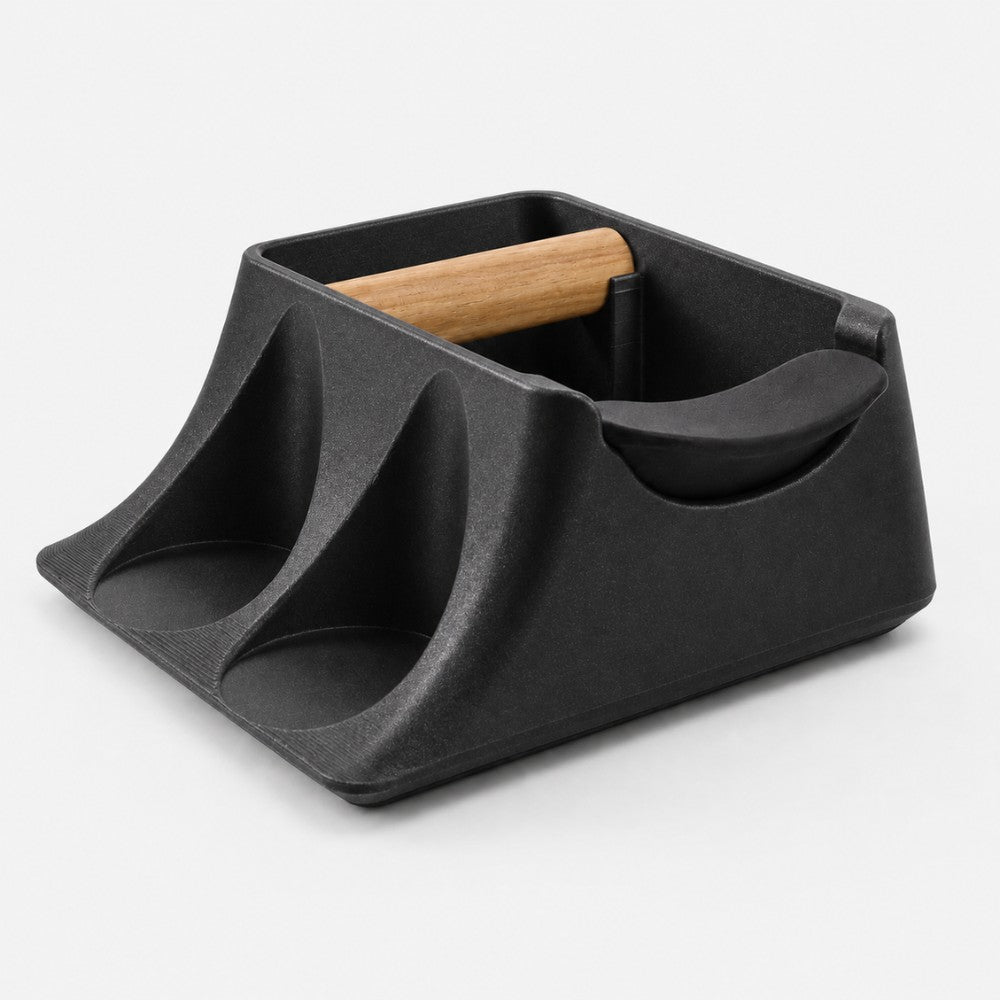 3-in-1 Espresso Knock Box, Tamping Station & Tamper Holder Metallic Black