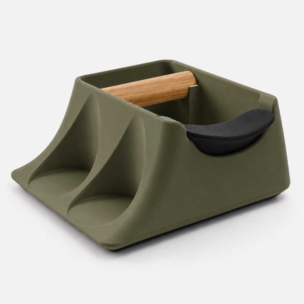3-in-1 Espresso Knock Box, Tamping Station & Tamper Holder Matte Olive Green