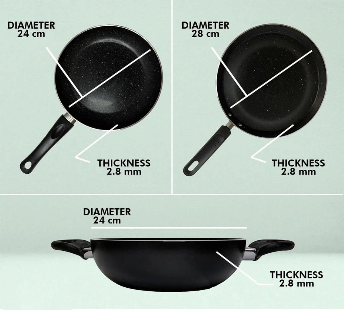 Non-Stick Cookware Set with Lid 3 Pieces Black Stove Induction