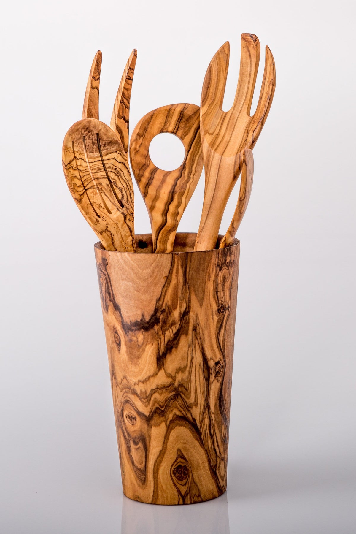 Luxury Solid Olive Wood Utensil Holder | Rustic Kitchen Countertop Storage Organiser