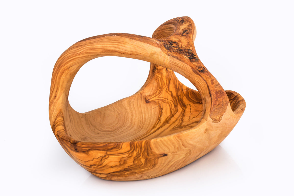 Artisan Olive Wood Fruit Basket with Integrated Handle – Hand-Carved Rustic Serving Caddy – Natural Wood Centerpiece (Sizes 15cm to 35cm+) 25