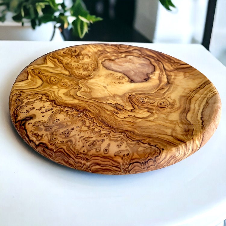 Olive Wood Circular Serving Board Platter | Round Wooden Serving Tray Set
