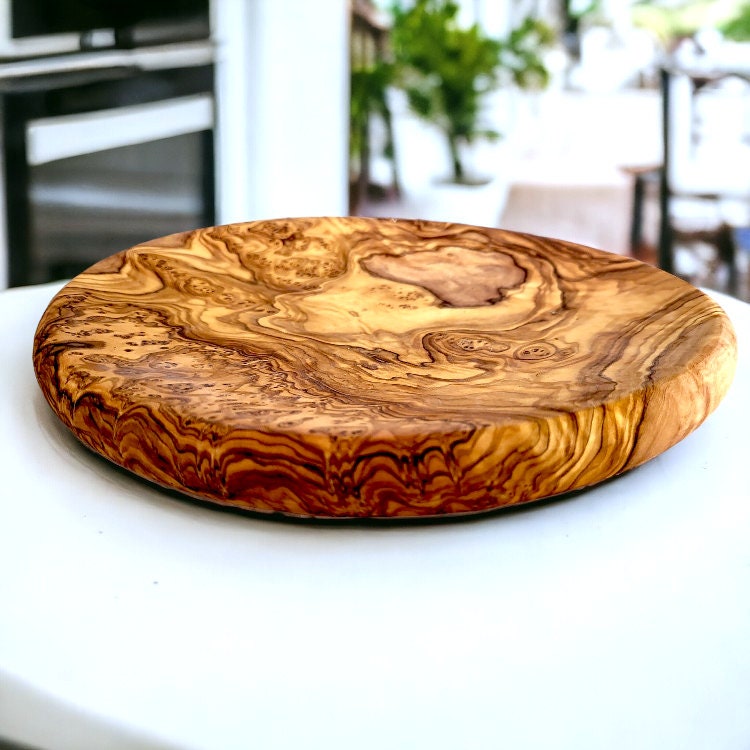 Olive Wood Circular Serving Board Platter | Round Wooden Serving Tray Set