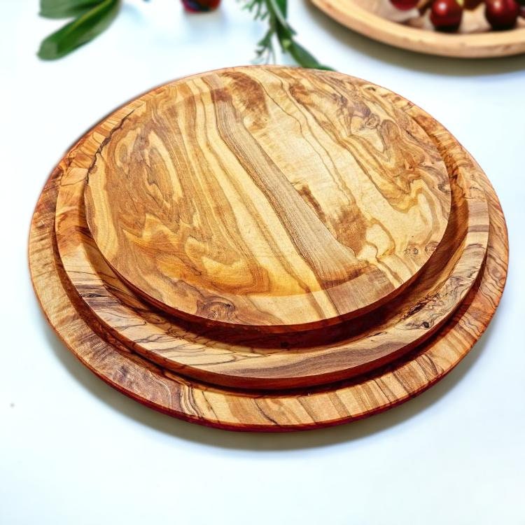 Olive Wood Round Serving Plates Set | 21cm 25cm 28cm Serving Platter Dishes