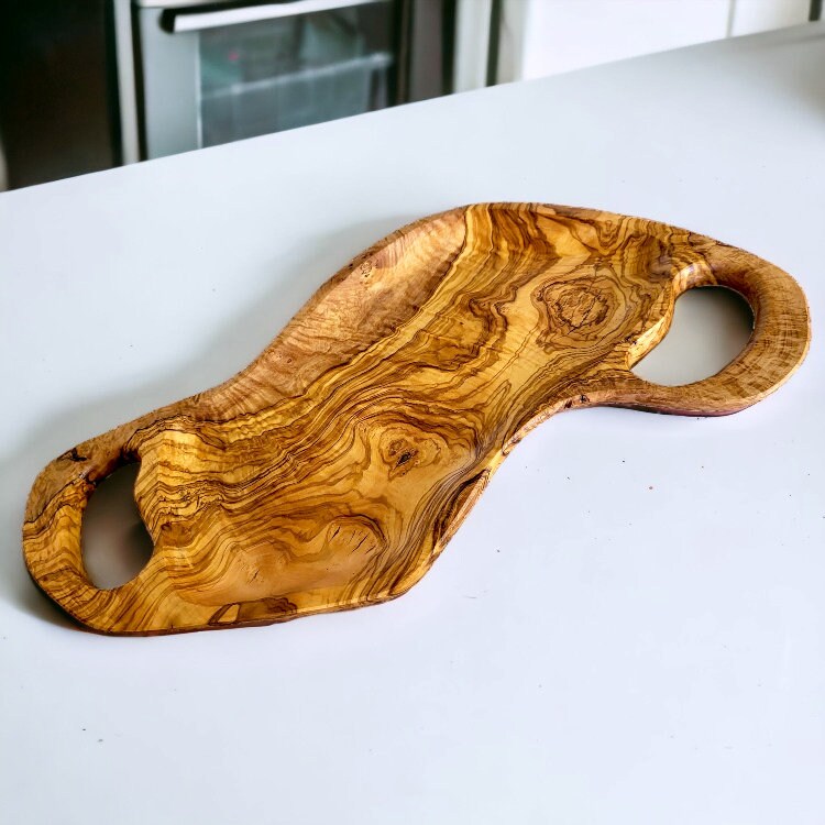 Handcrafted Irregular Olive Wood Serving Tray with Handles | Live Edge Platter