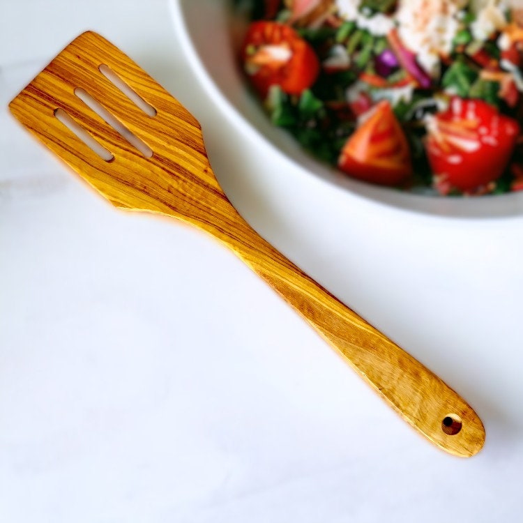 Olive Wood Kitchen Utensil Set | Rice Spoon, Spoon, Spatula, Fork & Slotted Spatula Spatula with Slits