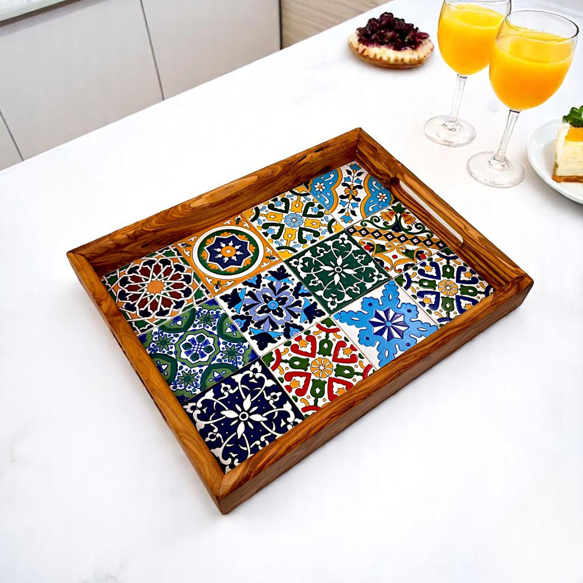 Rectangular Olive Wood Marble effect Tray with Handle