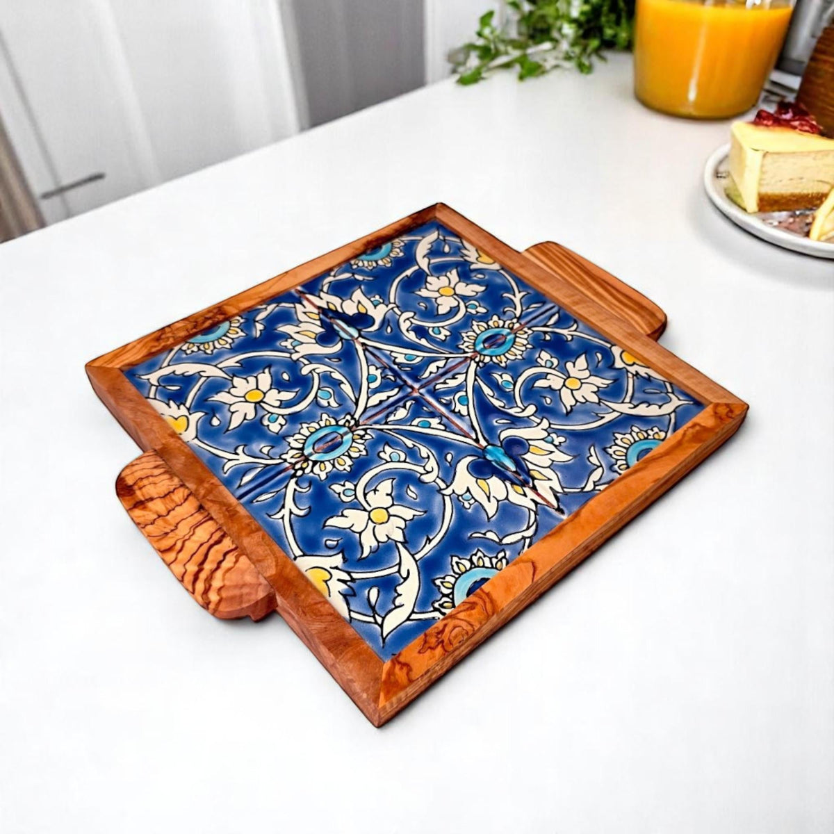 Square Olive Wood Ceramic Tray with Handle 20cm * 20cm