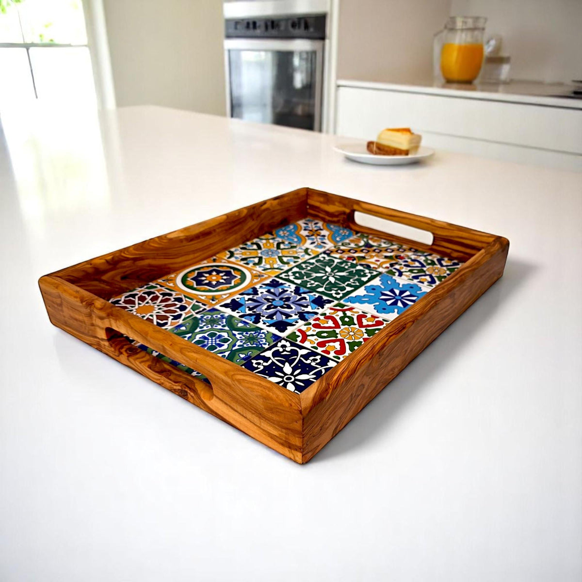 Rectangular Olive Wood Ceramic Tray with Handle 40 cm * 25 cm