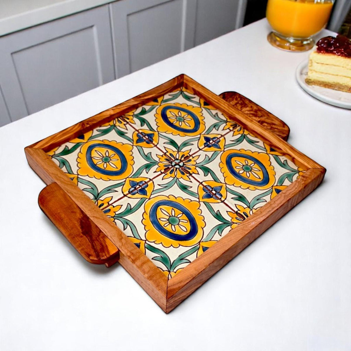 Square Olive Wood Ceramic Tray with Handle 20cm * 20cm