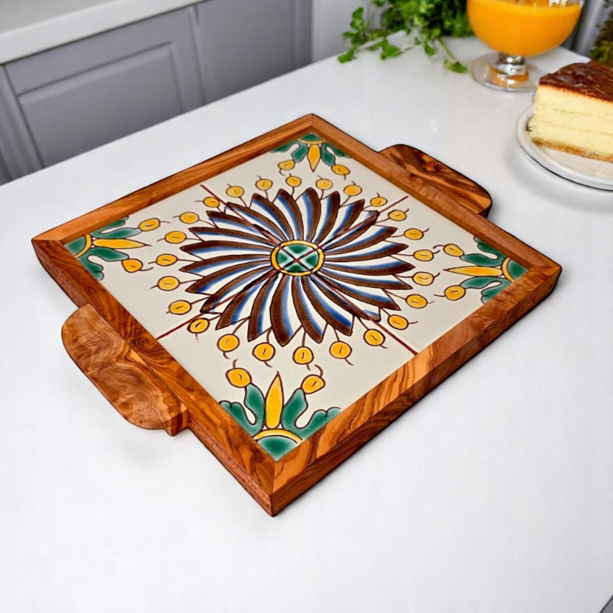 Square Olive Wood Ceramic Tray with Handle 20cm * 20cm